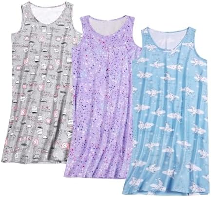 3 Pack Cotton Nightgowns for Women Casual Print Sleepwear Sleeveless Sleepdress S-L