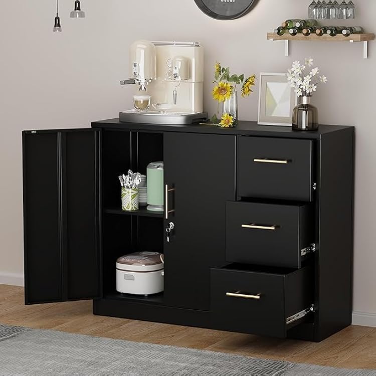 Lateral File Cabinet with 3 Drawers, Metal Storage Cabinet with Lock, Black Sideboard Buffet, Multi-Functional Accent Cabinet for Home Office Living Room Entryway