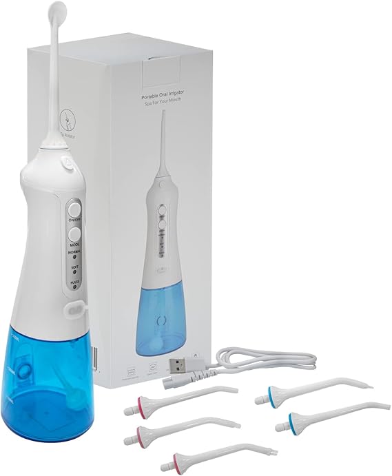 Water Flosser Cordless, Portable Teeth Cleaner with 3 Modes 4 Jets, 300ml Water Tank, IPX7 Waterproof, Powerful Cleaning, Rechargeable Dental Oral Irrigator for Travel Home Braces