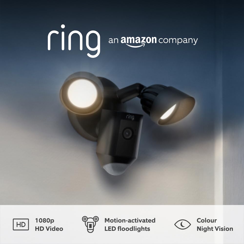 Ring Floodlight Cam Wired Plus | Outdoor Security Camera with 1080p HD Video, LED Floodlights, Siren, Wifi, Hardwired Installation | alternative to CCTV system | Works with Alexa, 2 Cameras
