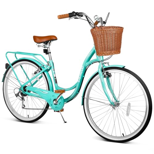 26 Beach Cruiser Bike, 7-Speed City Bicycle with Basket & Rack, Ideal Ladies Bike for Women and Adults, Perfect for Commuting and Leisure Rides, Cyan