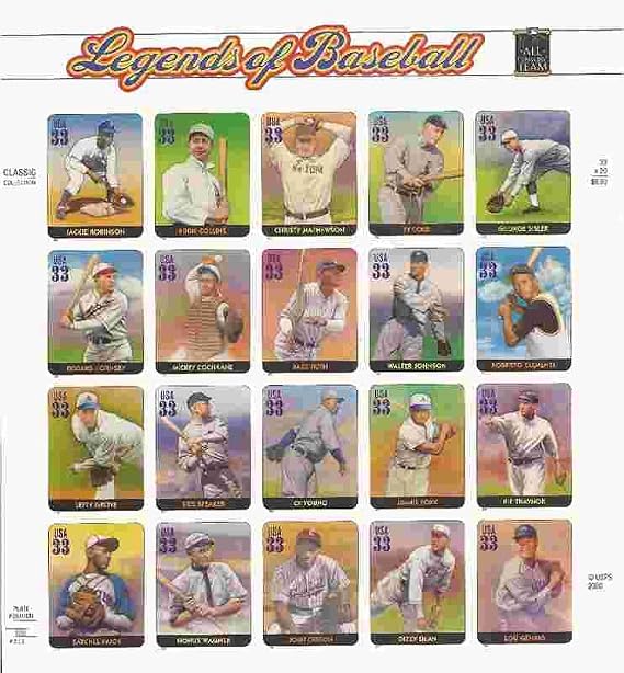 2000 LEGENDS OF BASEBALL #3408 Pane of 20 x 33 cents US Postage Stamps