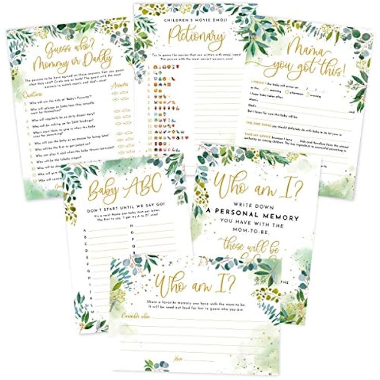 Greenery Baby Shower Games - Pack of 5 Activities for 50 Guests - Guess Who Mommy or Daddy, Baby Predictions and Advice, Emoji Pictionary, Baby ABC, Favorite Memory