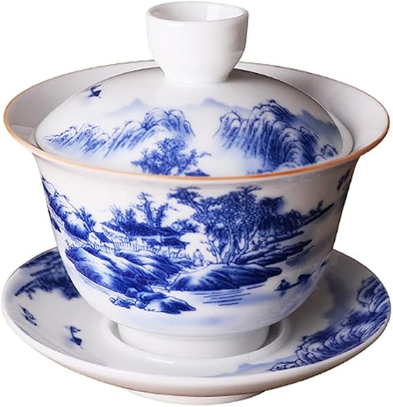 Jingdezhen Chinese Gaiwan Handmade 7oz/200ml Mountain Style China Blue and White Porcelain Gaiwan Kungfu Teacup Traditional Chinese Teaware Tea Set