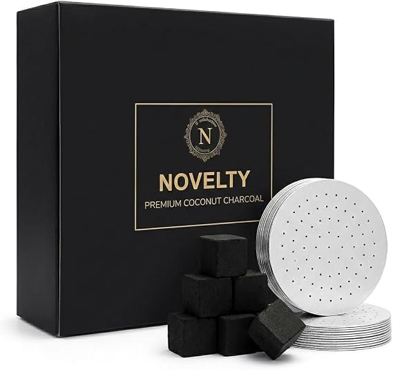 Novelty Coconut Charcoal Cubes with Aluminum Foil 25mm Natural Charcoal Coals, 72 Pieces (1kg), Long-Lasting, Low Ash, Clean Burn, Pack of 1