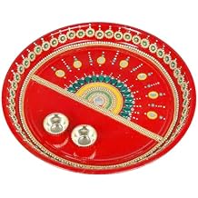 Handcrafted Pooja Thali Platter Engagement Plate Decorative Stainless Steel Thali with Essential Pooja Article for Indian Traditional Karwachauth Navratri Festival Puja Item Decoration(Size-10")(Red)