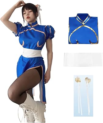 Game Fighter Cosplay Chun Li Cosplay Blue Cheongsam Battle Dress Halloween Costumes For Adults