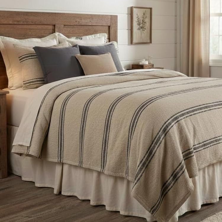 Piper Classics Mill House Stripe Black King Coverlet Bedspread, 97 L x 110 W, Oversized Woven Blanket, Farmhouse Primitive Grain Sack Stripe Bedding, Beige & Black