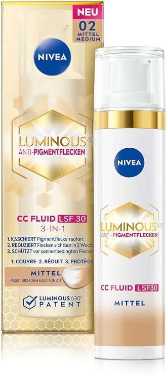 Nivea Luminous 630 Anti-Pigment Spots CC Fluid SPF 30 for Medium Skin Tones, CC Cream with Hyaluronic and Micro-Encapsulated Colour Pigments, Day Cream with SPF 30 for an Even Complexion (40 ml)