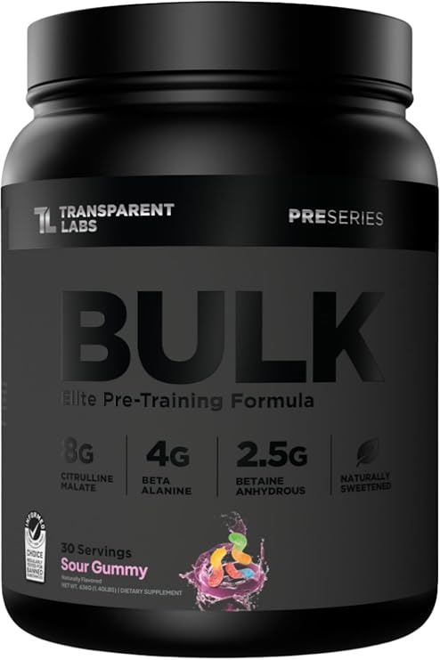 Transparent Labs Bulk Black Pre Workout - Clinically Dosed, Sugar Free Preworkout for Men and Women with Beta Alanine Powder, Citrulline Malate, Caffeine - 30 Servings, Sour Gummy