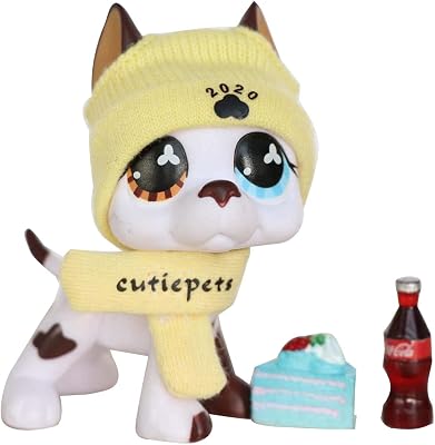SKK LPS Great Dane 577 White and Brown Different Eyes Dog Puppy Figure Rare Pet Collection with LPS Accessories Hat Scraf Food and Drink Girls Boys Kids Gift Set