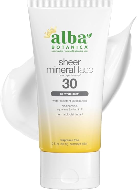 Alba Botanica Sunscreen for Face, Fragrance-Free Sheer Mineral Face Sunscreen Lotion, Broad Spectrum SPF 30, Water Resistant and Biodegradable, 2 fl. oz. Bottle (Packaging May Vary)