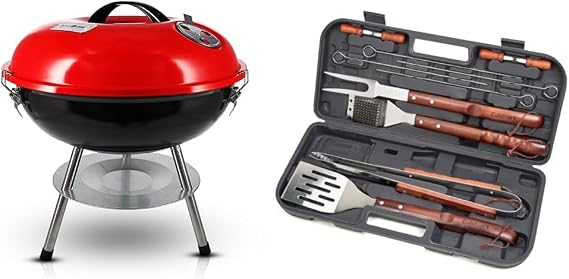 Gas One 14-inch Portable Barbecue Grill with 3-Point Locking Lid for Heat Preservation Dual Venting System Small Charcoal Grill for Backyard, Camping & Cuisinart CGS-W13 Wooden Handle Tool Set