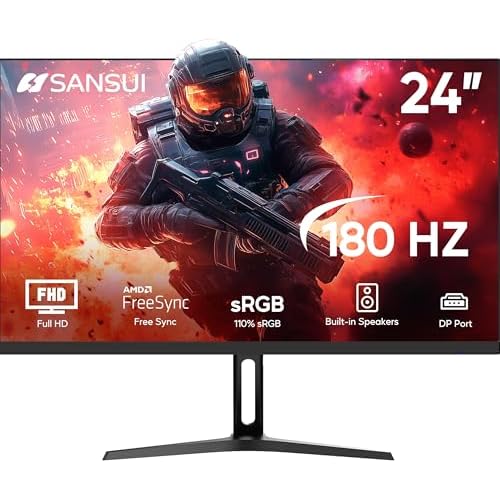 SANSUI 180Hz Monitor 24 inch PC, Computer Monitor FHD 1080p, Display Port with Built-in Speakers sRGB 110% Adaptive Sync, HDMIx2 Ports VESA Compatible Tilt Adjustable,Black