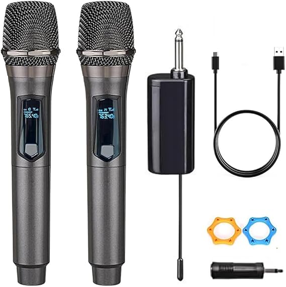 Wireless Microphone, Rechargeable Fixed Frequency Wireless Dual Microphone,Handheld Dynamic mic,Karaoke Singing, Weddings DJ,Party, Church, Classroom use, 200 feet, Gray.(2 Versions Randomly Shipped)