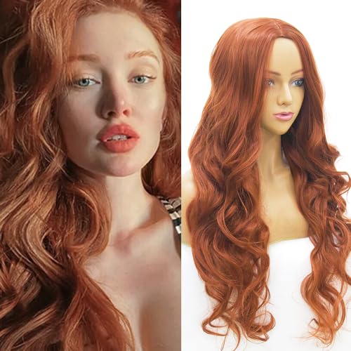 Long Wavy Copper Red Wigs for Women,Auburn Body Wave Wig, Synthetic Heat Resistant Fiber Hair, Cosplay Hair Replacement Wig for Women Natural Looking Wigs for Daily Party 24 inch,Copper Red
