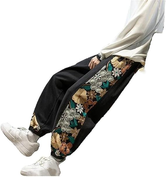 Casual Pants Men' Clothing Samurai Embroidery Patchwork Oversized Joggers Male s1 Black XS
