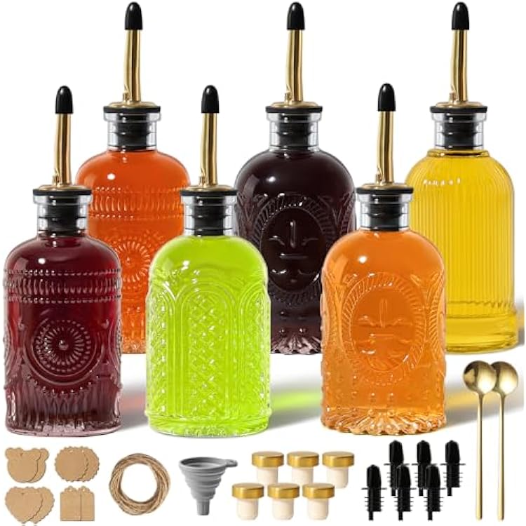 Coffee Syrup Dispenser Bottles, 6 Pack Glass Syrup Dispensers for Coffee Bar, 7.4 Fl Oz Small Maple Syrup Container Set with Golden Spoon, Vintage Oil Dispenser Bottle for Kitchen