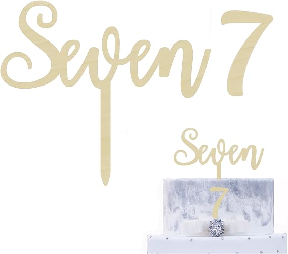Seven Wood Cake Topper 7th Birthday Cake Decoration Seven Years Old Cake Topper Rural Wooden 7th Anniversary Party Photo Booth Props (7th birthday)