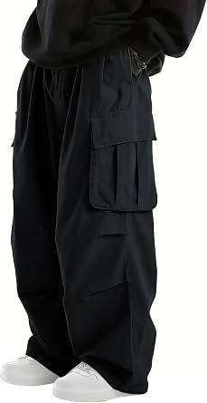Men's Baggy Cargo Pants Elastic Drawstring Parachute Cargo Pants Casual Loose Fit Joggers Hiking Pants with Pockets