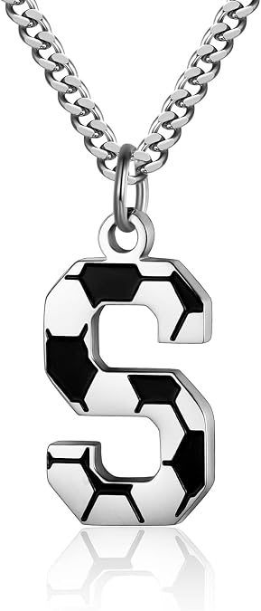 AIAINAGI Initial A-Z Letter Soccer Necklace for Men - Charm Pendant With Stainless Steel Silver Chain 22inch - Personalized Gift