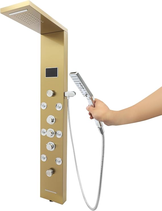 6 In 1 Shower Panel System, Smart Shower Panel Mechanism with LED Display, Wall Mounted Full Body Shower Mechanism with 1 Handheld Shower and 1 Overhead Shower, Stainless Steel Bathroom Panel, Gold
