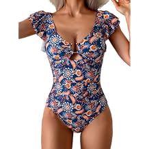 Eomenie Womens Ruffled One Piece Swimsuit Slimming Tummy Control Bathing Suit V-Neck Cutout Swimwear for Resort Wear