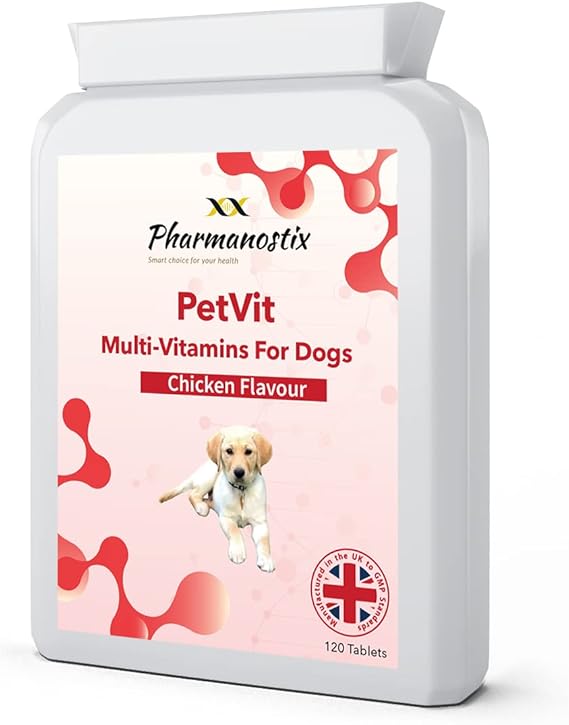 PetVit - Daily Multivitamins for Dogs 120 Chewable Chicken Flavour Tablets - 24 Essential Vitamins & Minerals- Support Healthy Heart Brain Hips Joints Bones Teeth Skin & Coat- For Young or Senior Pets