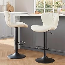 Bar Stools Set of 2, Adjustable Swivel Barstools with Back, Faux PU Leather Counter Height Bar Stools 24" to 32", Upholstered Bar Chairs for Kitchen Island/Dining Room, Beige