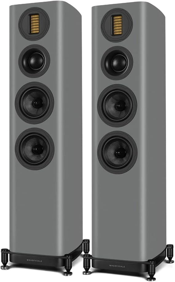 Wharfedale EVO 5.3 Floorstanding Speakers (Pair) – Dual 5″ Kevlar Woofers, Soft Dome Midrange, AMT Tweeter, 3-Way Bass Reflex Tower Design (Lunar Grey)