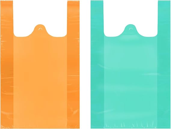 LazyMe 12x20 Inch T Shirt Bags, Plastic Bags with Handles Bulk, Grocery Bags Retail Shopping Bags Merchandise Bags for Supermarket Restaurant (Orange100Pcs, Lake blue100Pcs)