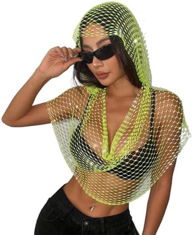 Rhinestone Mesh Tops for Women, Bikini Crop Top Hollow Out Tops Party Clubwear