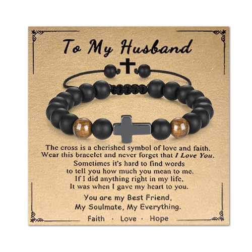 Gifts for Men, Husband Bracelet Tiger Eye Bracelet from Wife, Beads Cross Bracelet Present for Birthday Fathers Day Christmas Valentines Day Christian Gifts