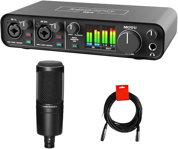 MOTU M4 Desktop 4x4 USB Type-C Audio-MIDI Interface Bundle with Audio-Technica AT2020 Condenser Microphone and 20' XLR-XLR Cable
