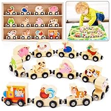 Montessori Wooden Train Toy for 1 2 3 Years Old Toddlers | 12 Magnetic Animals Train Kids Box, STEM Educational Toy with Game Map | 1st 2nd Birthday for Boys Girls