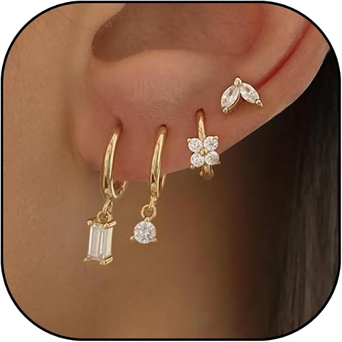 Huggie Earring Set for Women Gold Plated Cubic Zirconia Rhinestone Dangle Hoops Hypoallergenic Stackable Multiple Piercing Jewelry Gifts