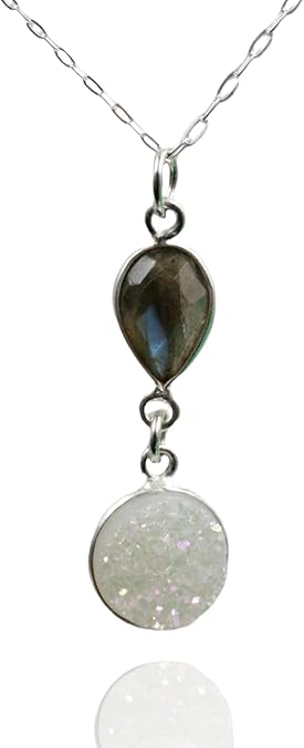Labradorite Necklace, Druzy Sterling Silver Jewelry, Gemstone Pendant, Small, 18 Inch Chain