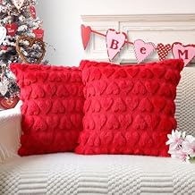 4TH Emotion Love Decorative Pillow Covers 18x18 Set of 2, Red Soft Plush Faux Fur Farmhouse Throw Cushion Cases for Spring Holiday Home Decorations