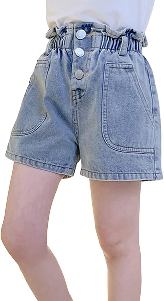 Rolanko Girls Denim Jean Shorts Girlfriend Distress Kids Denim Shorty Shorts Summer Clothes 4-14 Years (Paperbag, 6-7)