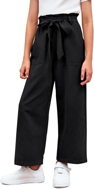 Meikulo Girls Paper Bag Wide Leg Pants Kids Fashion High Waisted Elastic Waist Trousers with Pockets 7-14 Years
