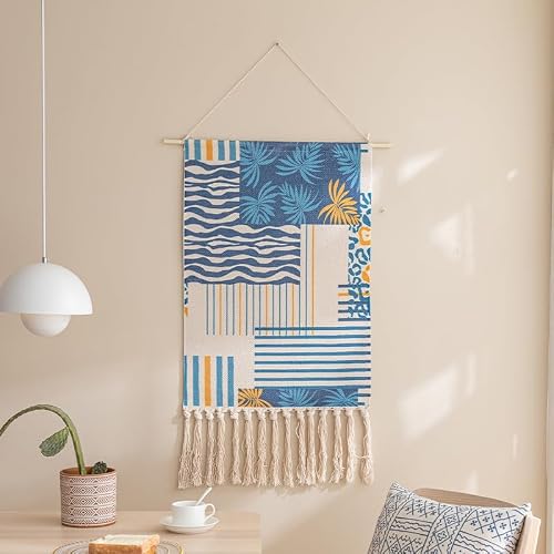 Cotton Wall Tapestry Hanging Decor, 20x34 Large Macrame Woven Boho Chic Bohemian Abstract Geometric Printed Tapestries Decor Gift for Apartment Dorm Kids Livingroom Bedroom Door Entrance Home Office