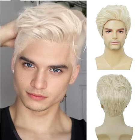 Men's Blonde Short Wig Natural Layered Synthetic Fluffy Hair Wig Heat Resistant Daily Wig for Male Guy (Blonde)