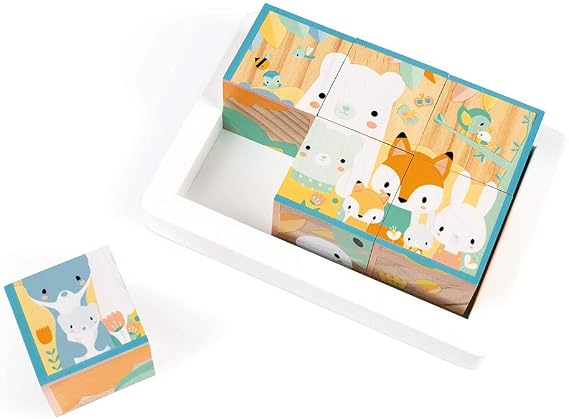 Janod - Pure 6 Block Tray - Forest Animals Puzzle - Ages 1+ Early Learning - Dual Functionality - Stimulates Motor Skills - Eco-Friendly Materials