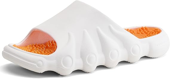 Plantar Fasciitis Relief Foot Massager for Plantar Fasciitis Shoes Women Acupressure Massage Slippers Reflexology Sandals Relaxation Gifts for Mom Dad Parents (White Orange,women7-8/men 6.5-7.5)