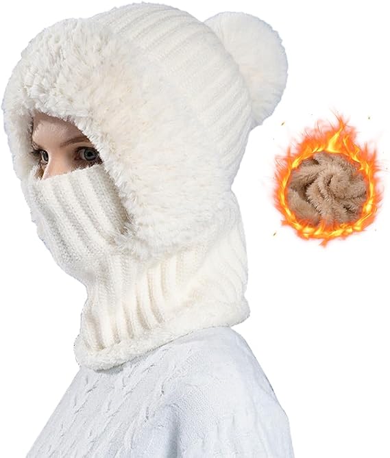 3 in 1 Beanie Hat for Women, Fleece Lined Knit Balaclava Scarf Set, Warm Winter Pom Hat for Cold Weather