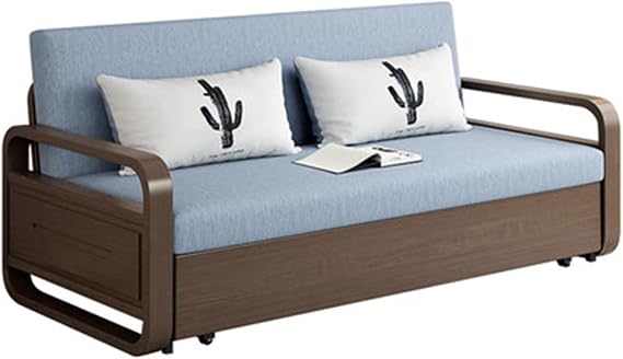 Sofa Bed Sofa Bed Multi-functional Foldable Double Purpose Solid Wood Sofa Bed Sheet People Drawer Small Apartment Bed Folding Bed Sofa Color: Blue, Size: 113x80x85cm