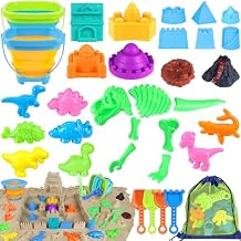 Beach Toys, 34Pcs Dinosaur Sand Toys Set for Kids Toddlers, Sandbox Toys with 2 Collapsible Beach Bucket, Mesh Bag, Castle Sand Toys Kit, Sand Molds, Travel Collapsible Beach Toy for Kids Ages 3-12
