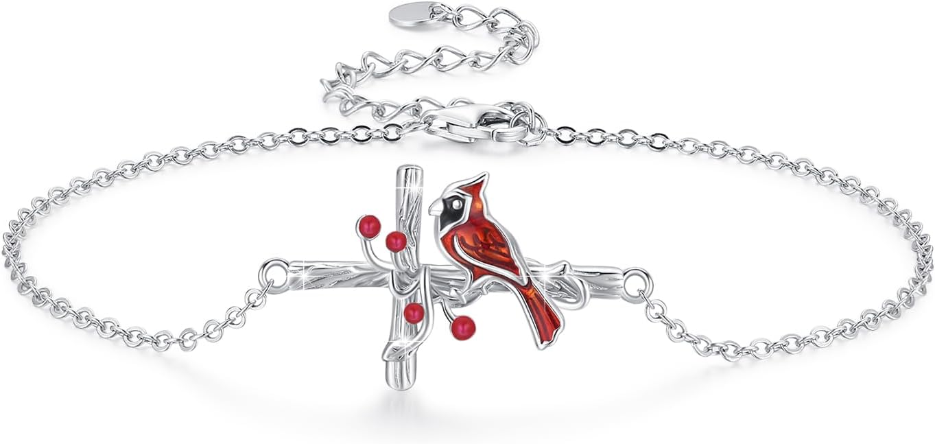 Cardinal Bracelet 925 Sterling Silver Cross Cardinal Adjustable Bracelet Red Bird Bracelet for Women Memorial Bracelet Sympathy Cardinal Jewelry