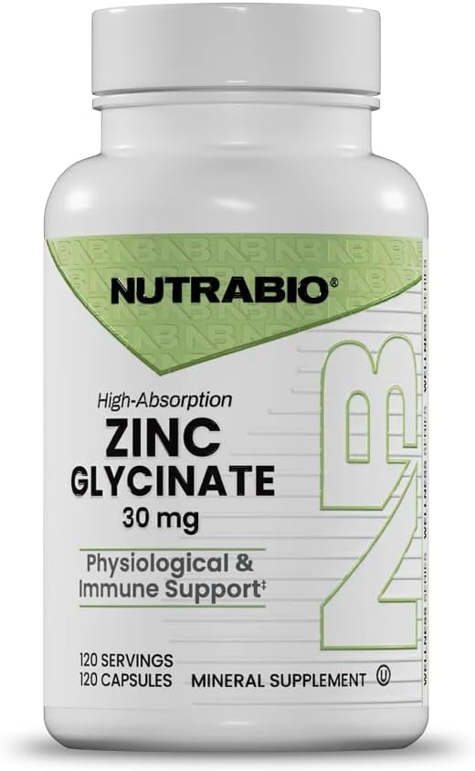 NutraBio Zinc Glycinate Supplement - for Proper Growth, Development, and Immune Health - 30mg of Zinc per Vegetarian Capsules - 120 Servings