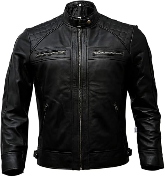 Mens Black Leather Biker Jacket Quilted Shoulder Motorcycle Riding Jacket with Zipper Pockets, Cafe Racer Slim Fit